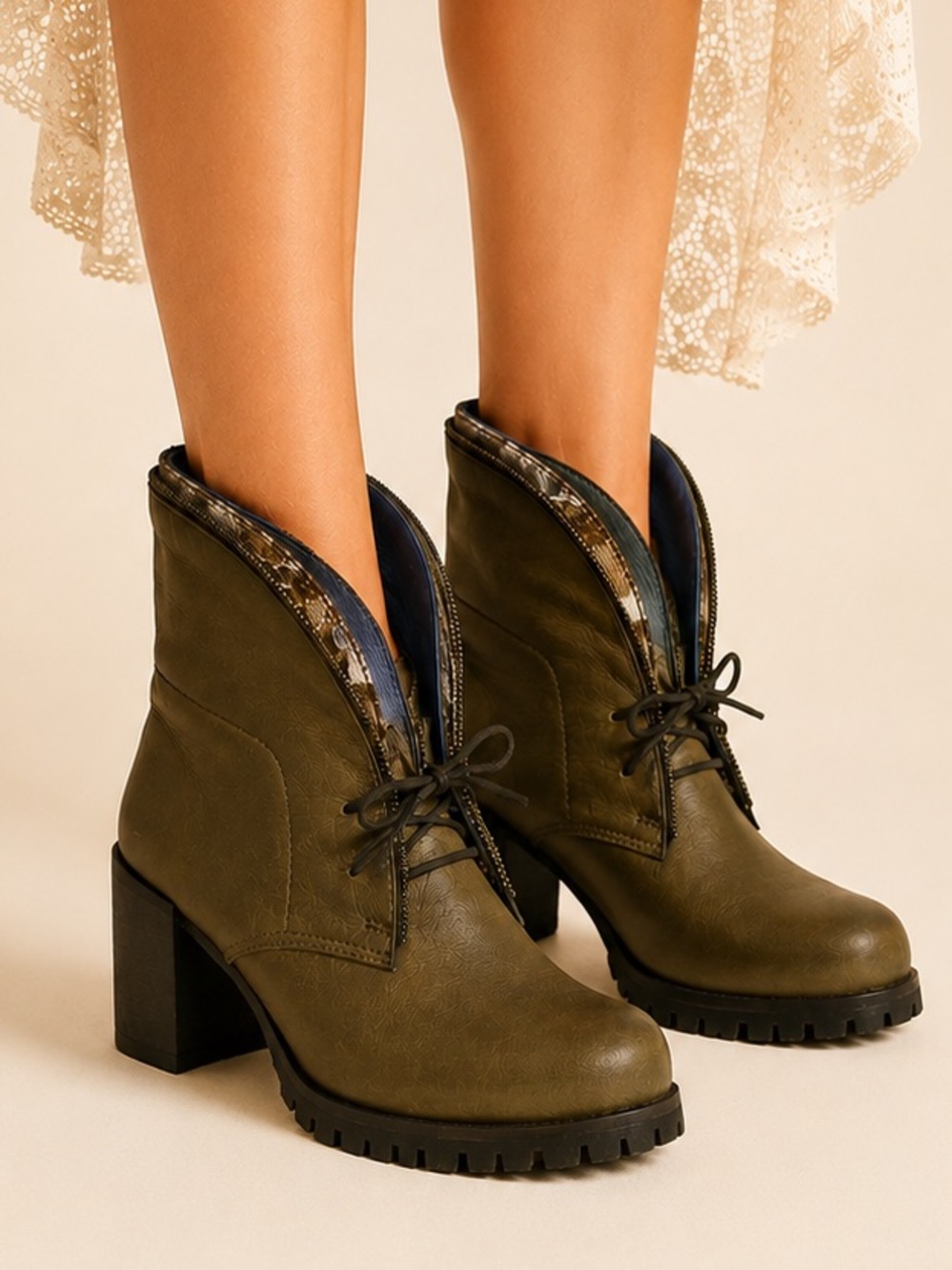 Unity in Diversity Leather Boots Block Heel Lace-Up Olive Green Fairy Renaissanc